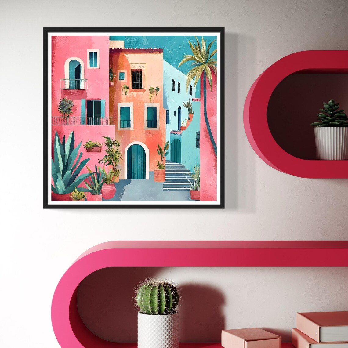 Mediterranean Town Art Print, Rustic Floral Courtyard - Image 3