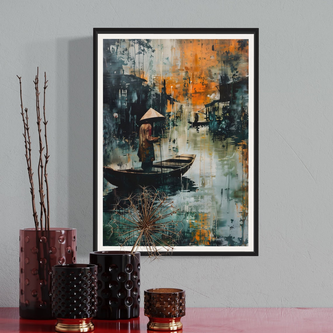 Vietnam River Boat Conical Hat Dark Inky Orange Waterway Travel Poster - Image 3