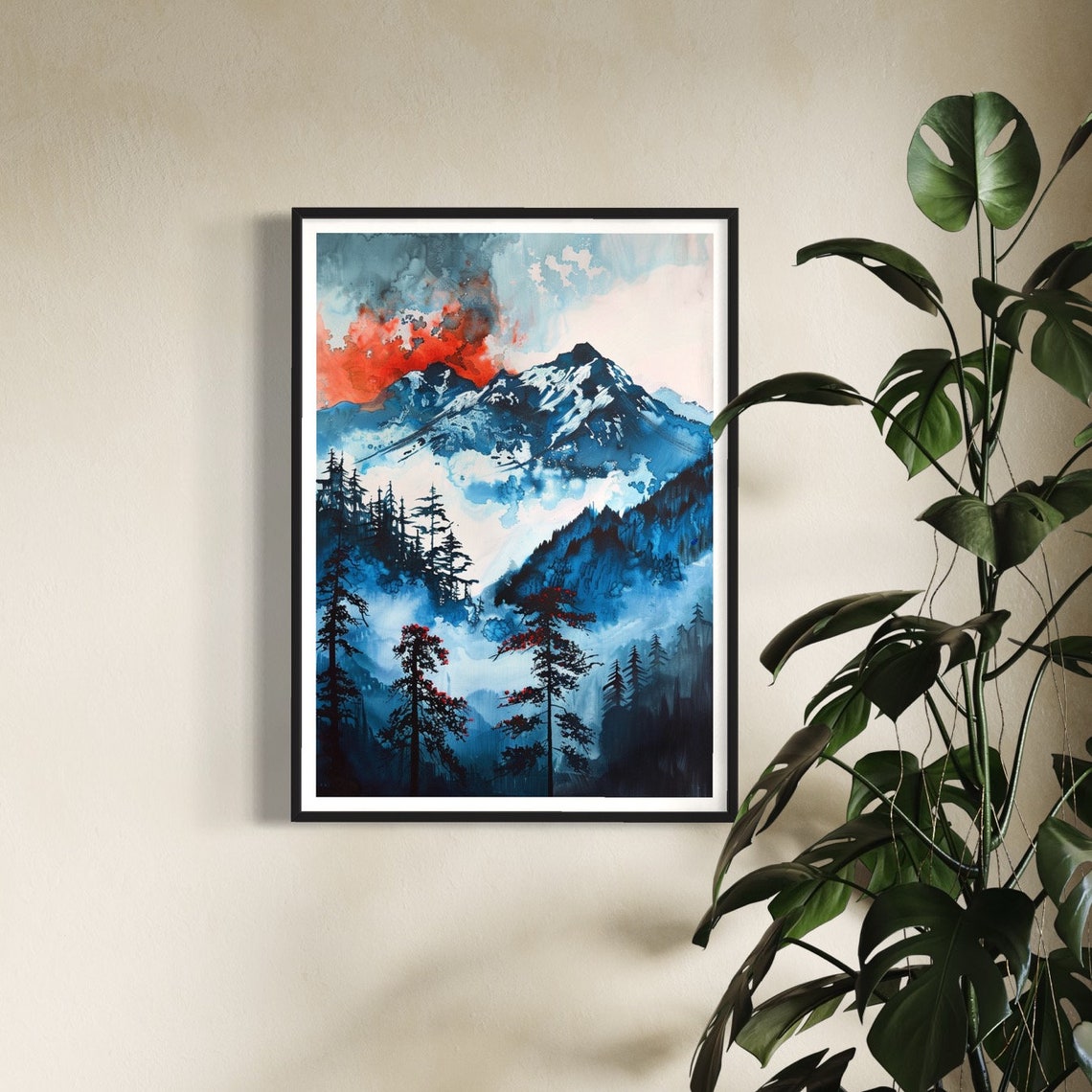 Blue Snow Mountain Pines Red Sky Japanese Ink Landscape Travel Poster - Image 4