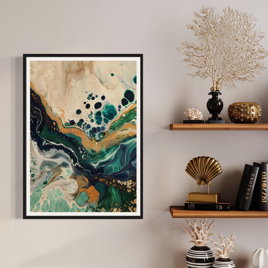 Green Cream Gold Fluid Abstract Marble Swirl Alcohol Ink Art Print - Image 4