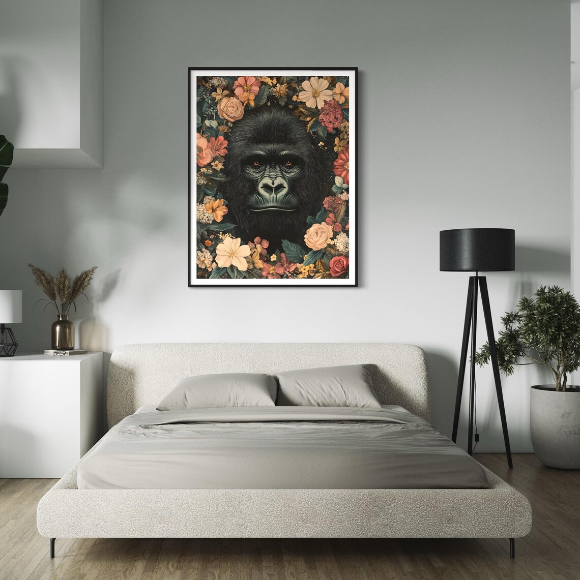 Gorilla Face Colorful Blooming Flower Jungle Wildlife Portrait Poster - Image 2