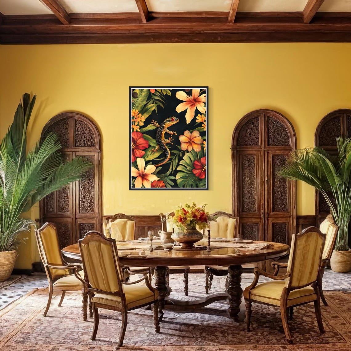 Gecko Tropical Flowers Black Background Wildlife Reptile Art Print - Image 3
