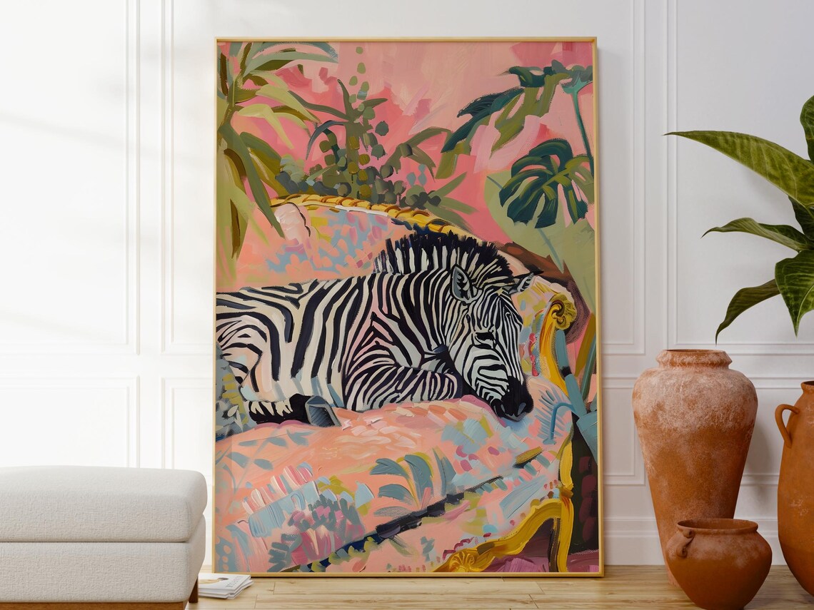 Zebra On Sofa Botanical Poster Animal Illustration Colourful Modern Wall Decor Minimalist Art For Her Kids Prints