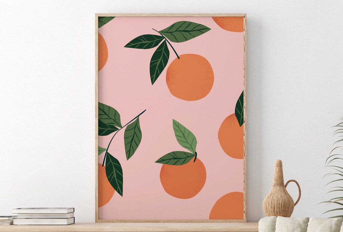 Scattered Oranges Pattern Blush Pink Modern Minimal Citrus Kitchen Poster