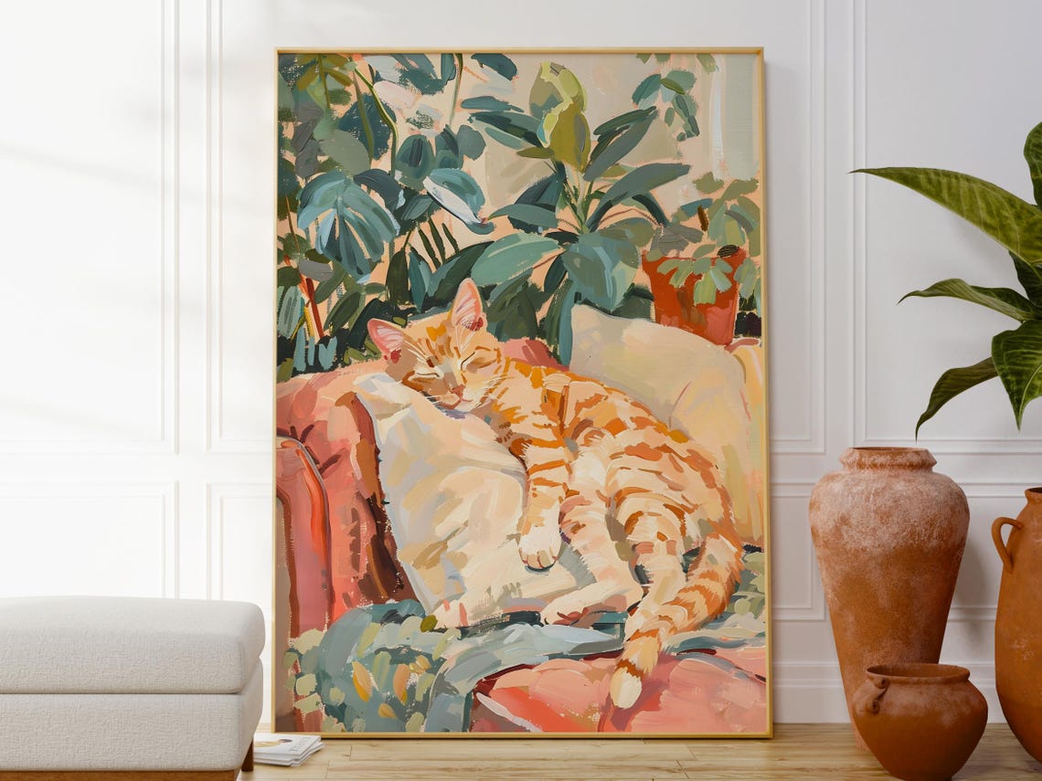 Sleeping Orange Tabby Cat Painterly Cozy Cat Lover Art Print