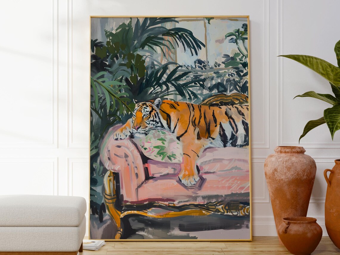Botanical Tiger On Couch Poster, Boho Animal