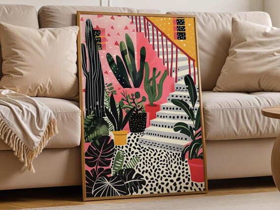 Maximalist Cactus Staircase Pink Botanical Plants Colorful Art Poster