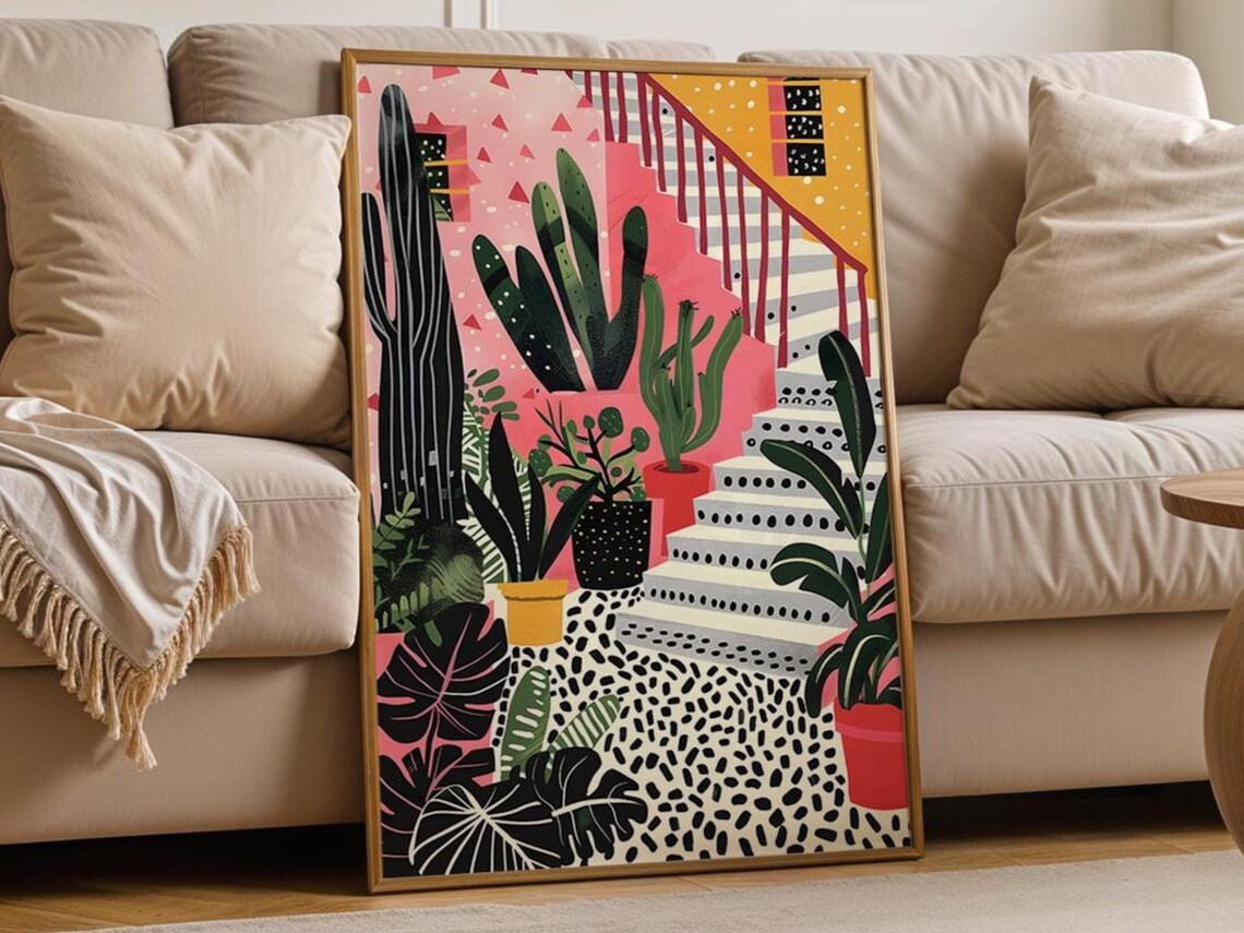 Botanical Art Print Colorful Plants On Retro Tiles Maximalist Decor