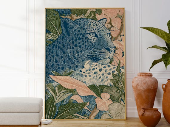 Leopard And Jungle Botanical Poster, Nature Gift