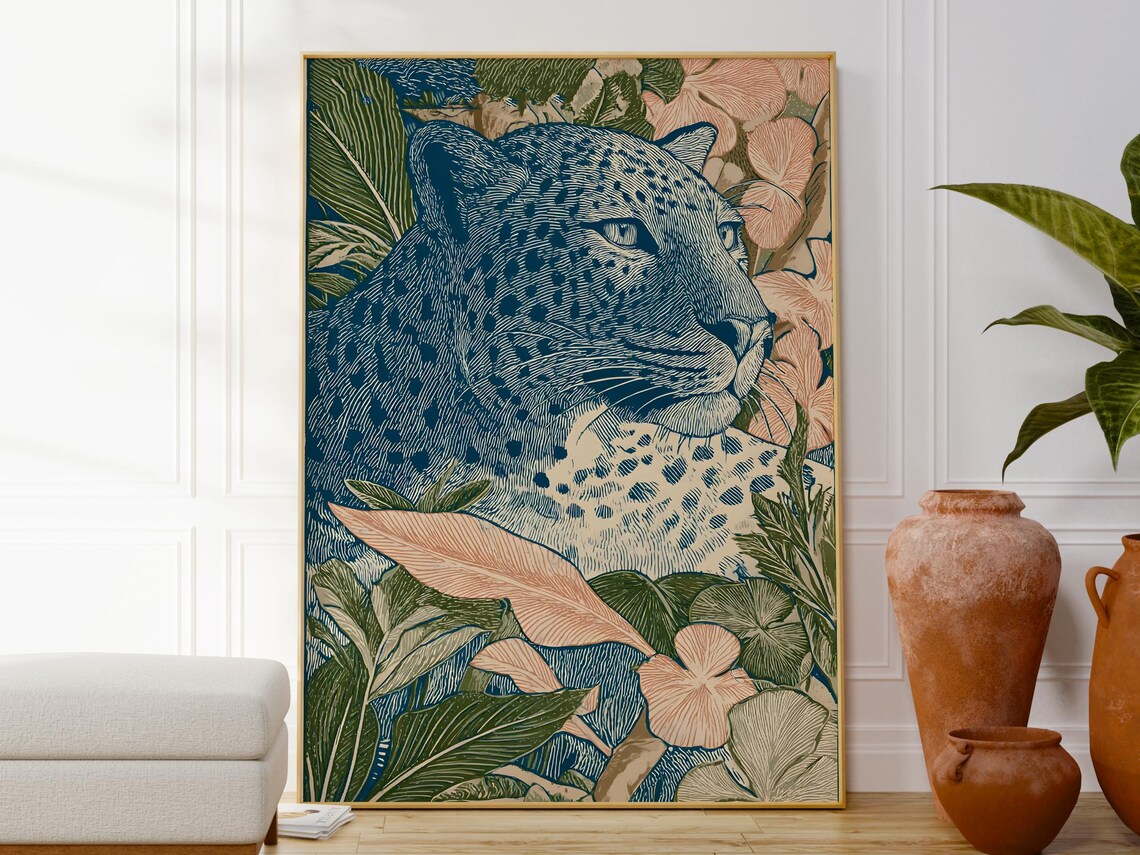 Leopard And Jungle Botanical Poster, Nature Gift