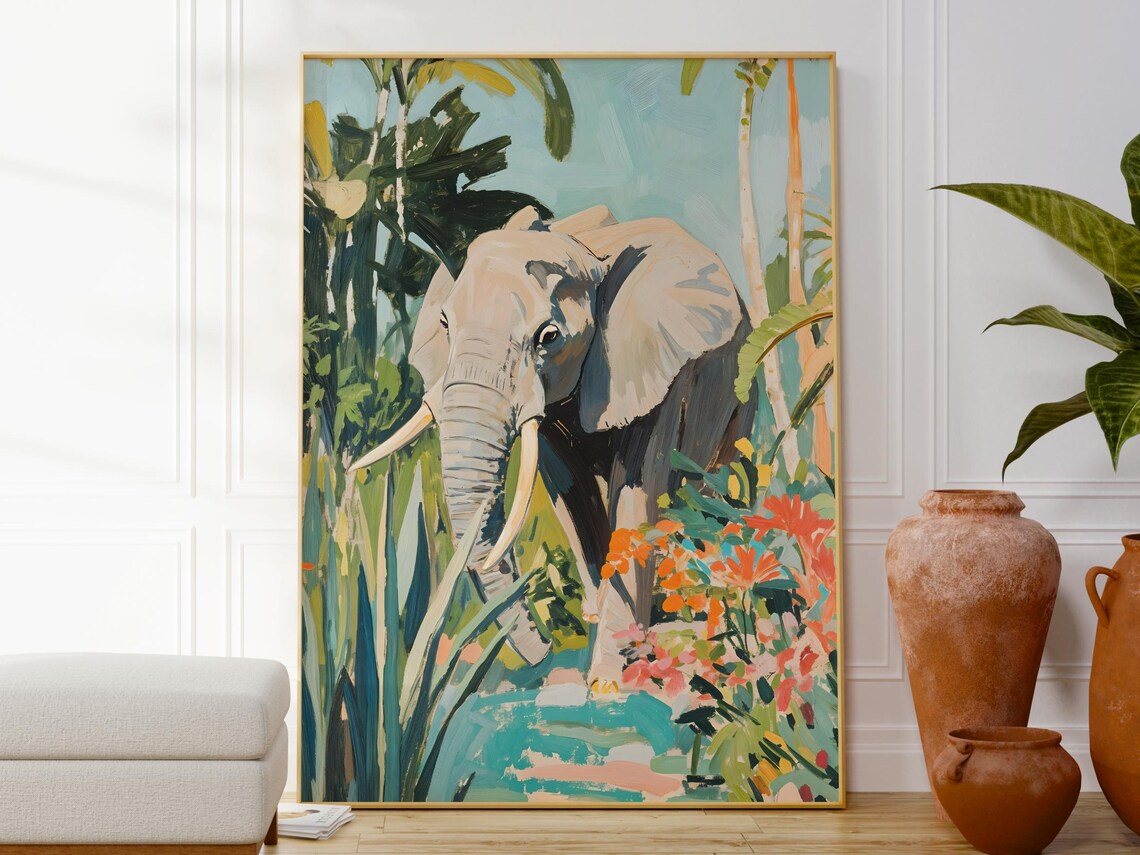 Jungle Elephant Art Print, Botanical Nature Scene