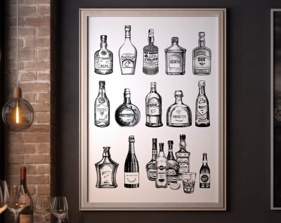 Vintage Liquor Bottle Sketch Bar Cart Home Cocktail Wall Decor Print