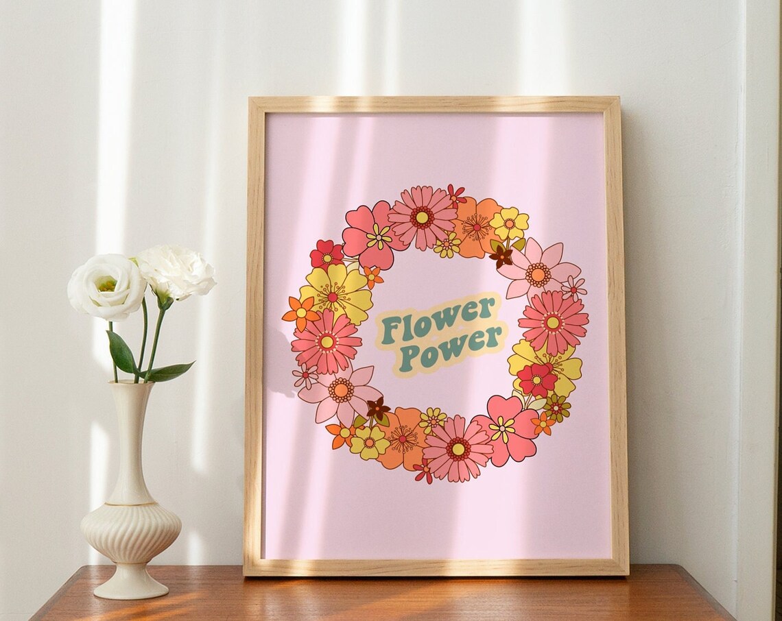 Flower Power Daisy Retro Floral Wreath Hippie Decor Wall Poster - Image 2
