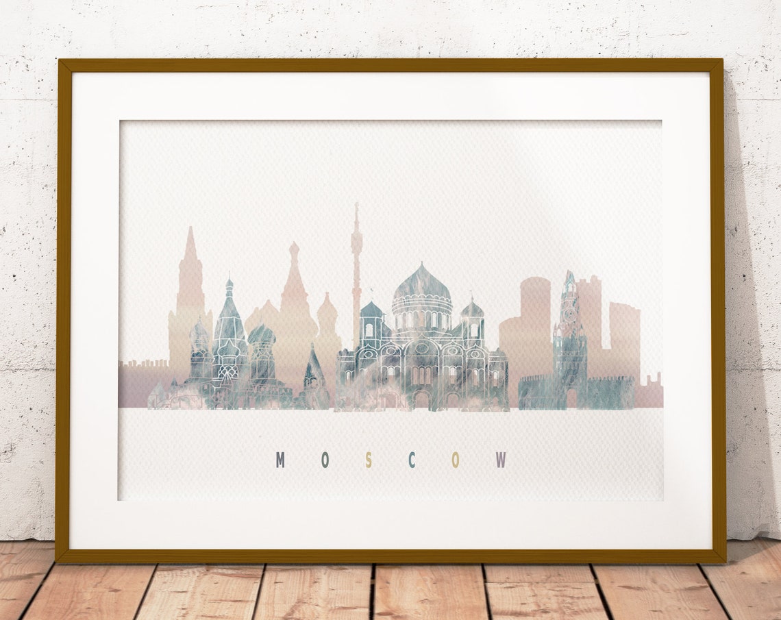 Moscow Russia Watercolor Skyline Onion Domes Pastel Colors Poster