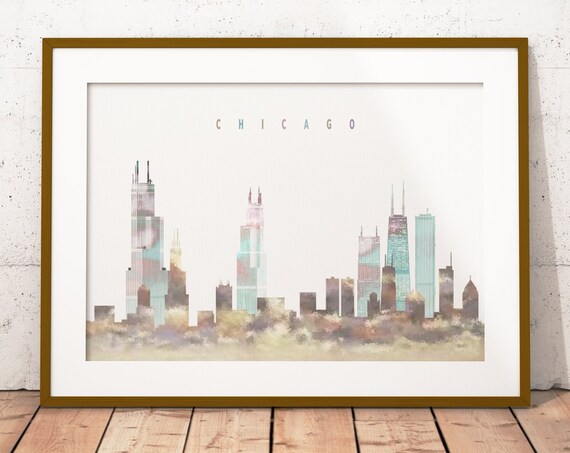 Chicago Illinois Soft Neutral Watercolor Skyline Art Modern Home Decor Poster