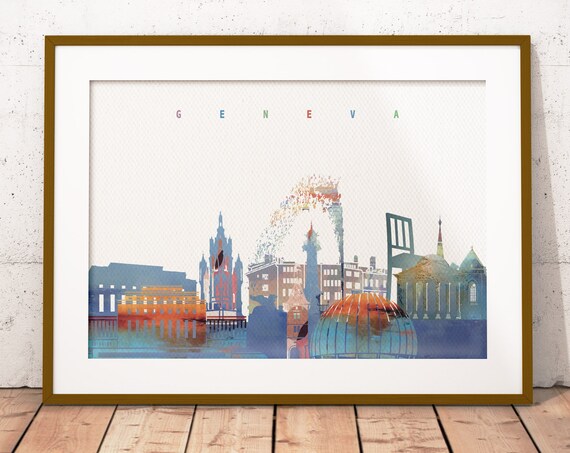 Geneva Switzerland Watercolor Skyline Fountain Cityscape Poster