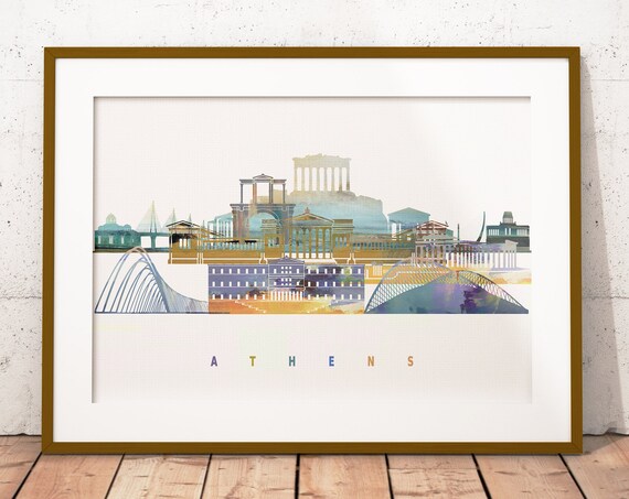 Athens Greece Parthenon Acropolis Watercolor Skyline Poster Art