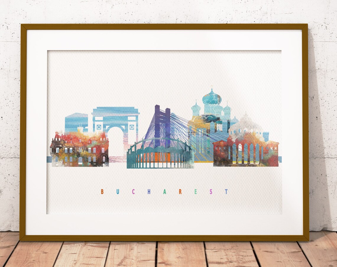 Bucharest Romania Watercolor Skyline Landmark Cityscape Poster