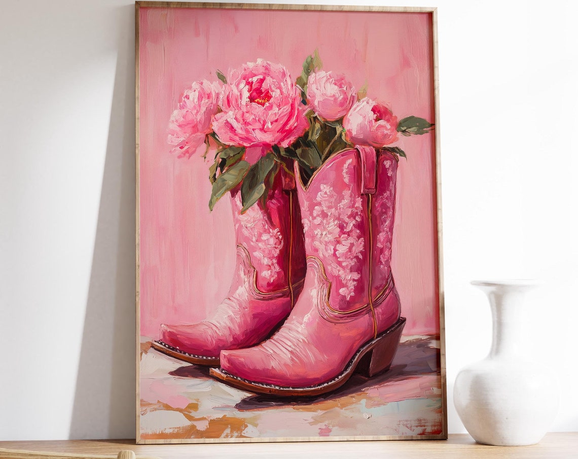 Pink Cowboy Boots Overflowing With Peonies Coastal Floral Wall Art