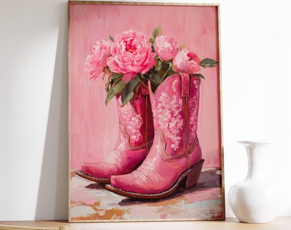 Pink Cowboy Boots Overflowing With Peonies Coastal Floral Wall Art