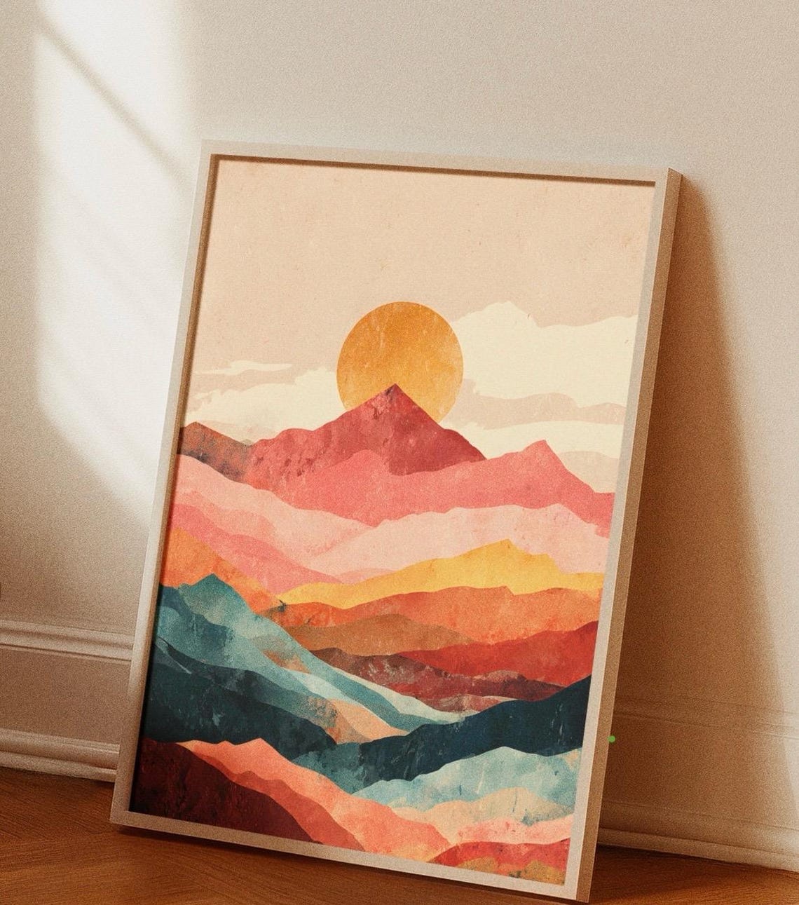 Abstract Layered Mountain Landscape In Earthy Blue And Ochre Poster