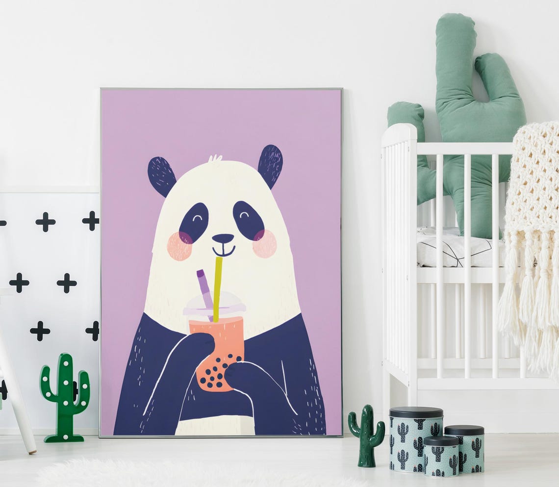Cute Panda Drinking Bubble Tea Poster For Kids Room And Nursery