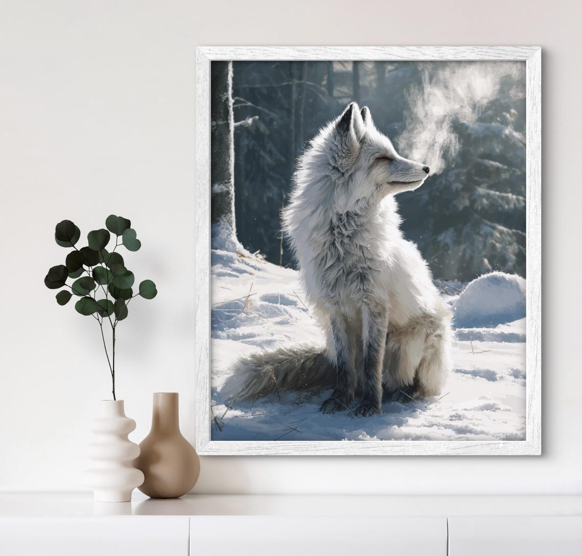 White Fox in Snowy Winter Forest Realistic Wildlife Art Poster