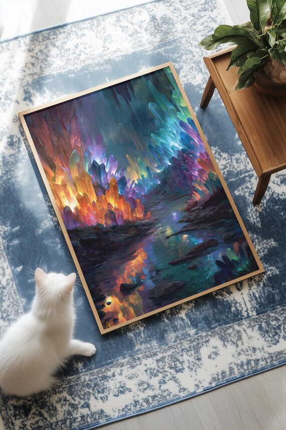Glowing Rainbow Crystal Cave Fantasy Landscape Magical Wall Art