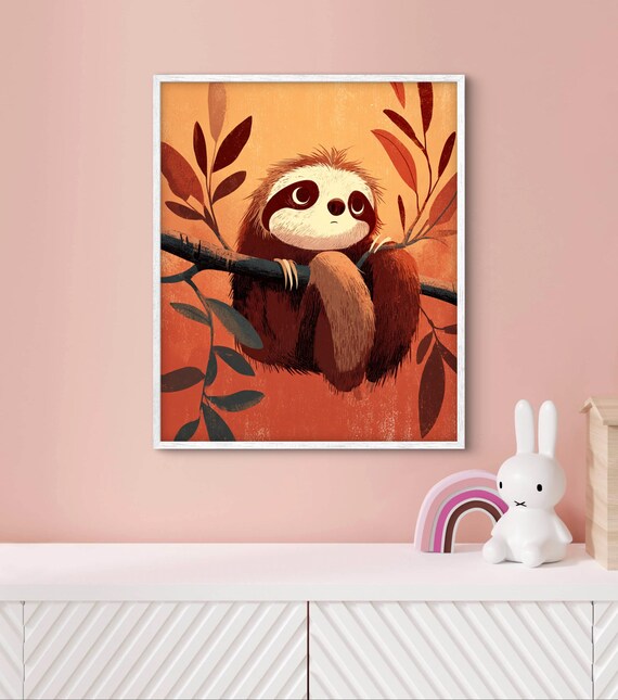 Cute Sleepy Baby Sloth on Branch Terracotta Kids Room Art Poster