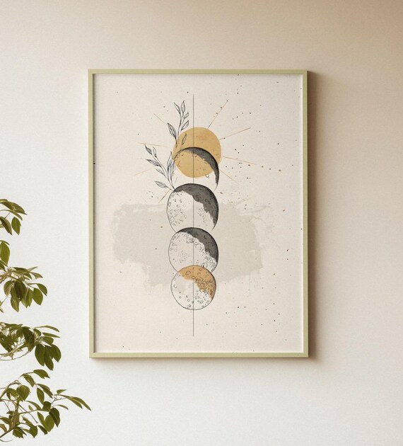 Moon Phases Line Art Beige Watercolor Minimalist Lunar Cycle Poster