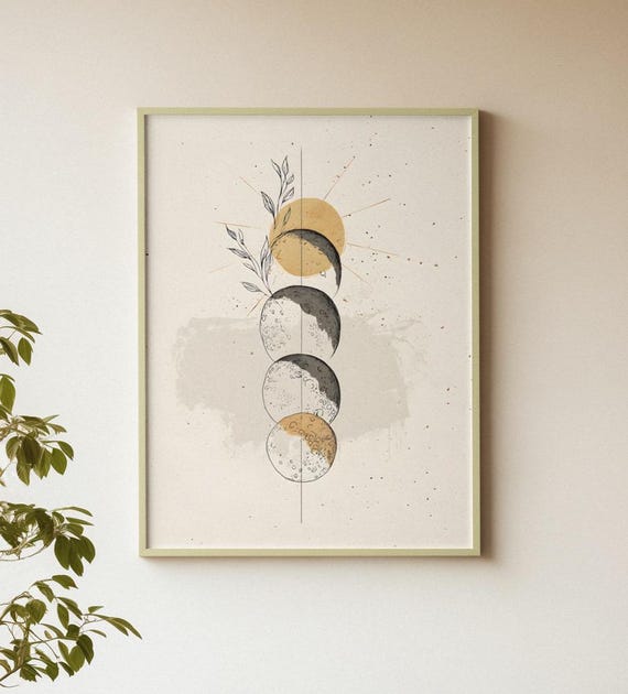 Moon Phases Line Art Print Beige Watercolor Minimalist Lunar Cycle