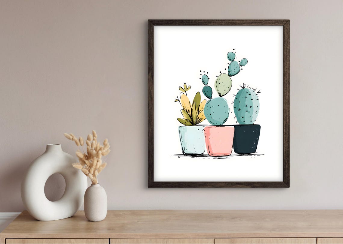 Three Potted Cacti Pastel Pots Modern Botanical Illustration Poster