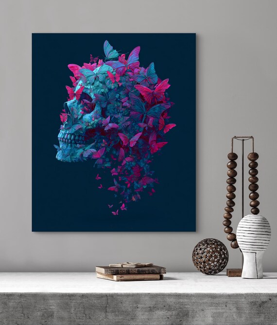 Neon Butterfly Skull Gothic Dark Artwork On Midnight Blue Poster