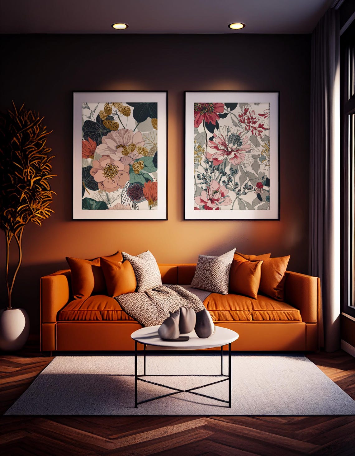 Bold Botanical Floral Art Set of Two Moody Modern Decor Wall Art