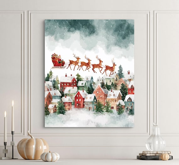 Santa Sleigh Over Snowy Christmas Village Watercolor Scene Poster