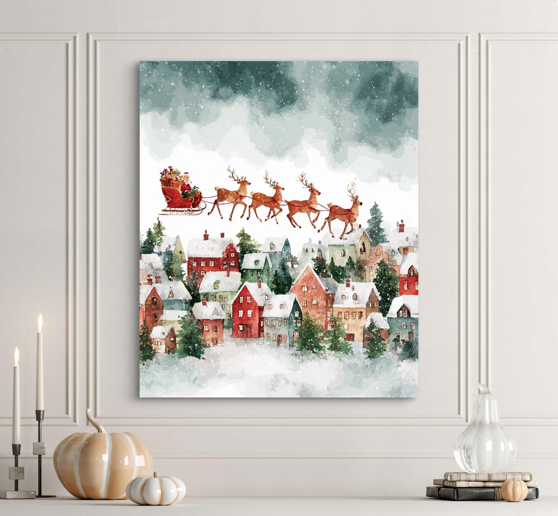 Santa Sleigh Over Snowy Christmas Village Watercolor Scene Poster