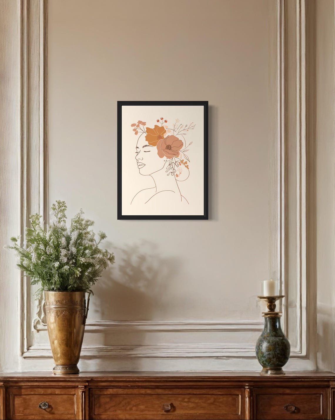 Woman Floral Crown Line Art Terracotta Boho Profile Art Poster - Image 2