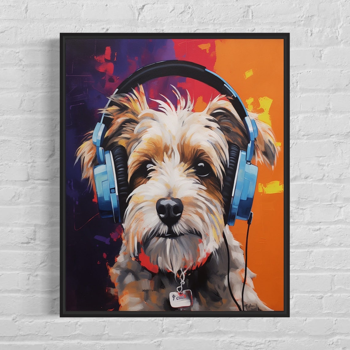 Biewer Terrier Puppy Wearing Blue Headphones Pop Art Portrait Poster
