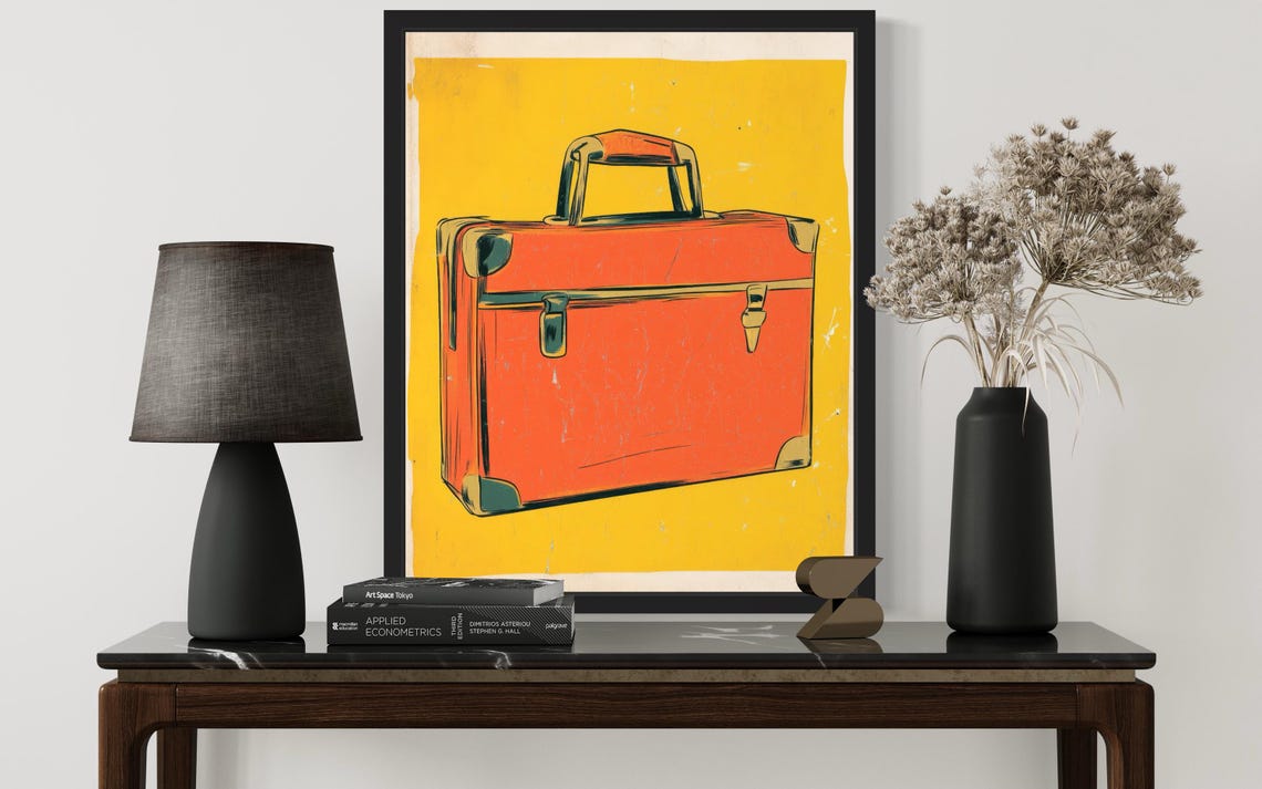 Vintage Orange Suitcase Retro Pop Art Print on Bright Yellow - Image 2