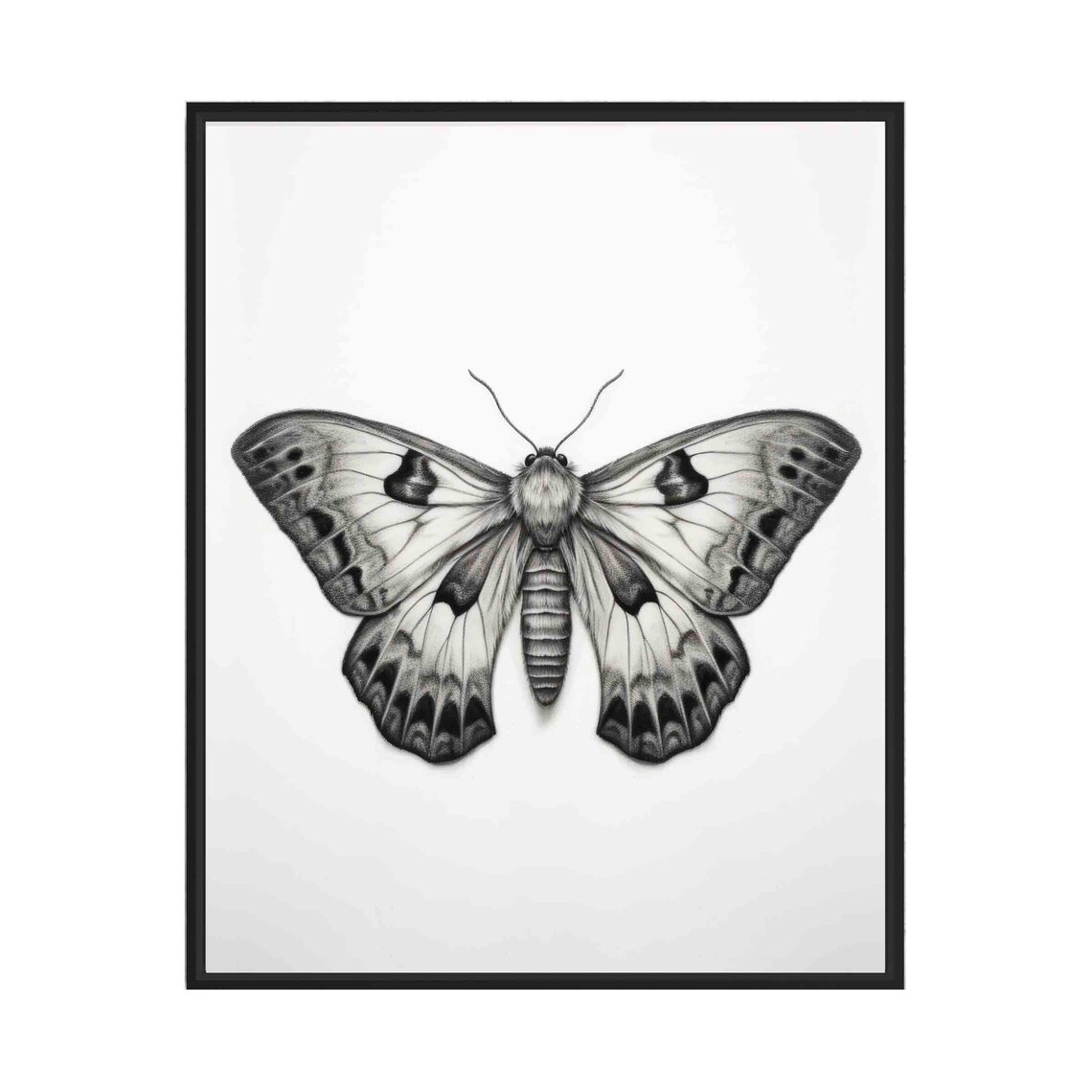 Detailed Moth with Spread Wings Black and White Pencil Sketch Poster