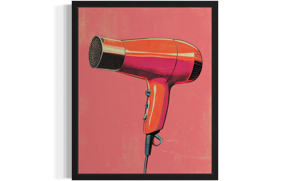 Vintage Red Hair Dryer Retro Pop Art Print on Pink Background