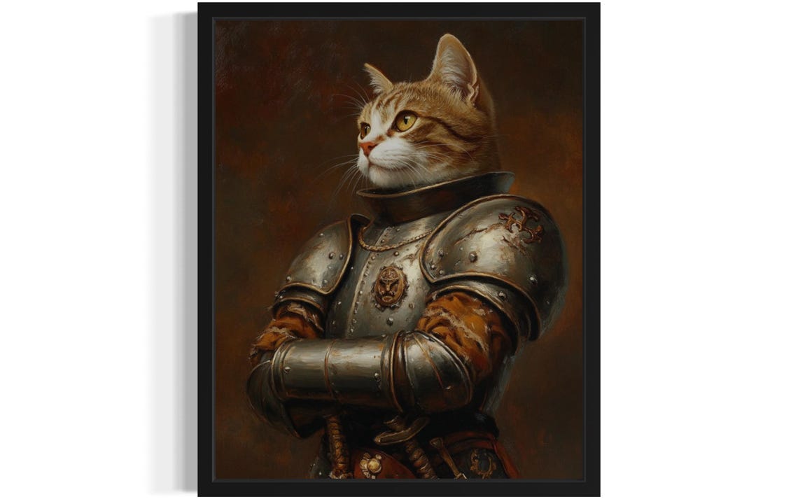Ginger Tabby Cat In Medieval Knight Armor Oil Portrait Poster