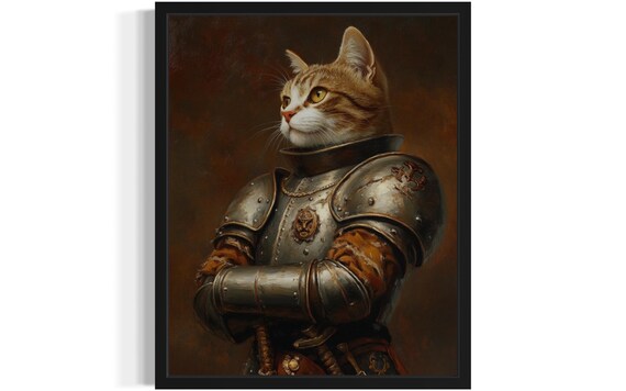Ginger Tabby Cat In Medieval Knight Armor Oil Portrait Poster