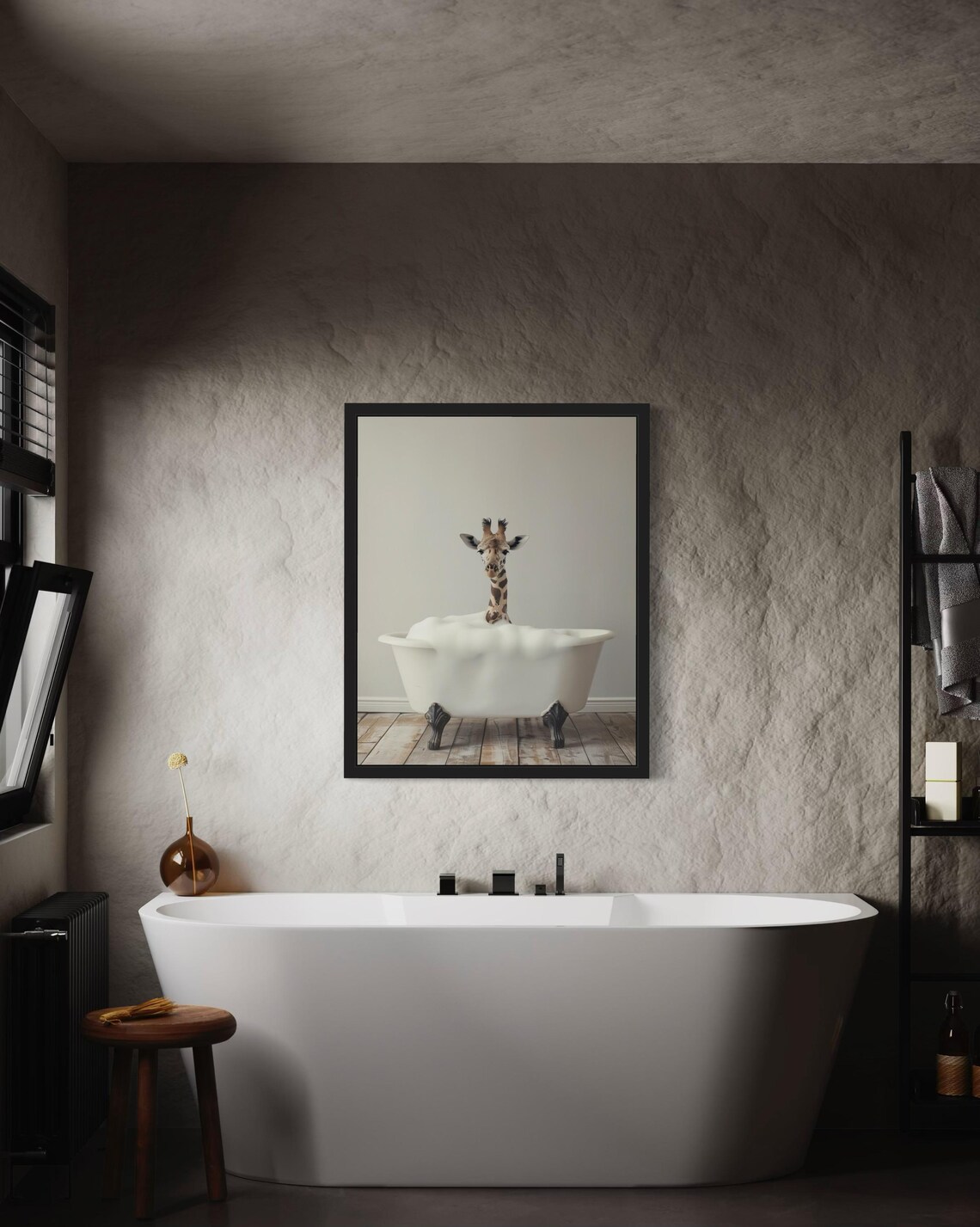 Baby Giraffe Head Rising from a White Bubble Bath Tub Photo Poster - Image 3