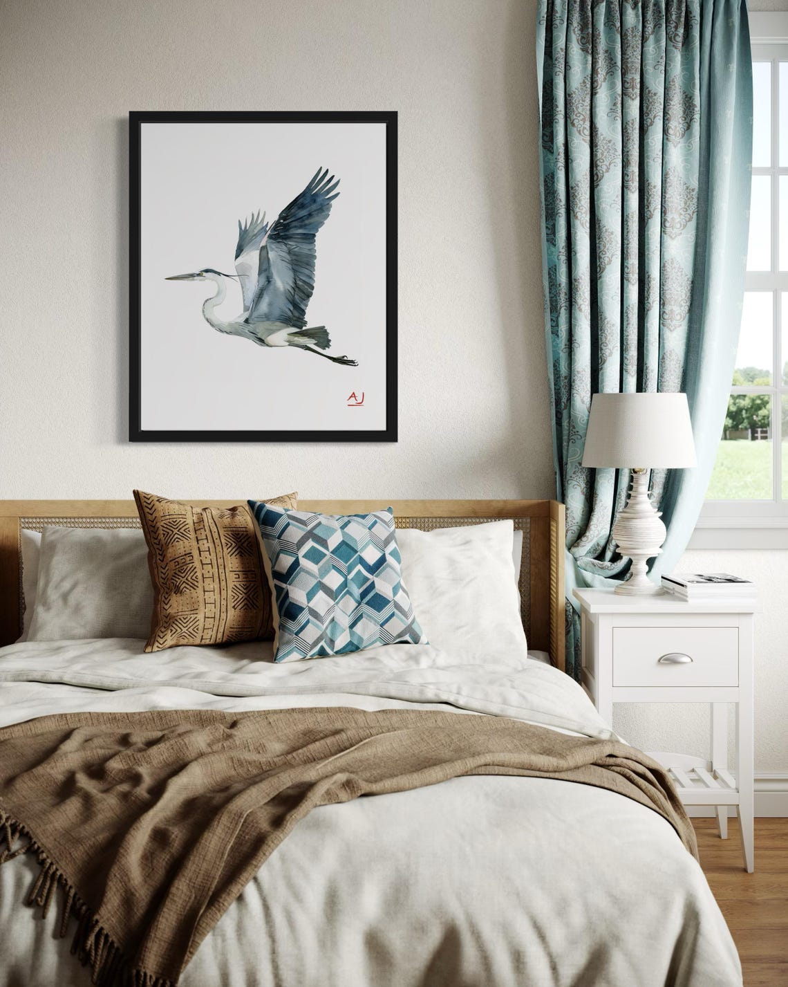 Heron Flying With Spread Wings In Watercolor Bird Art Poster - Image 4