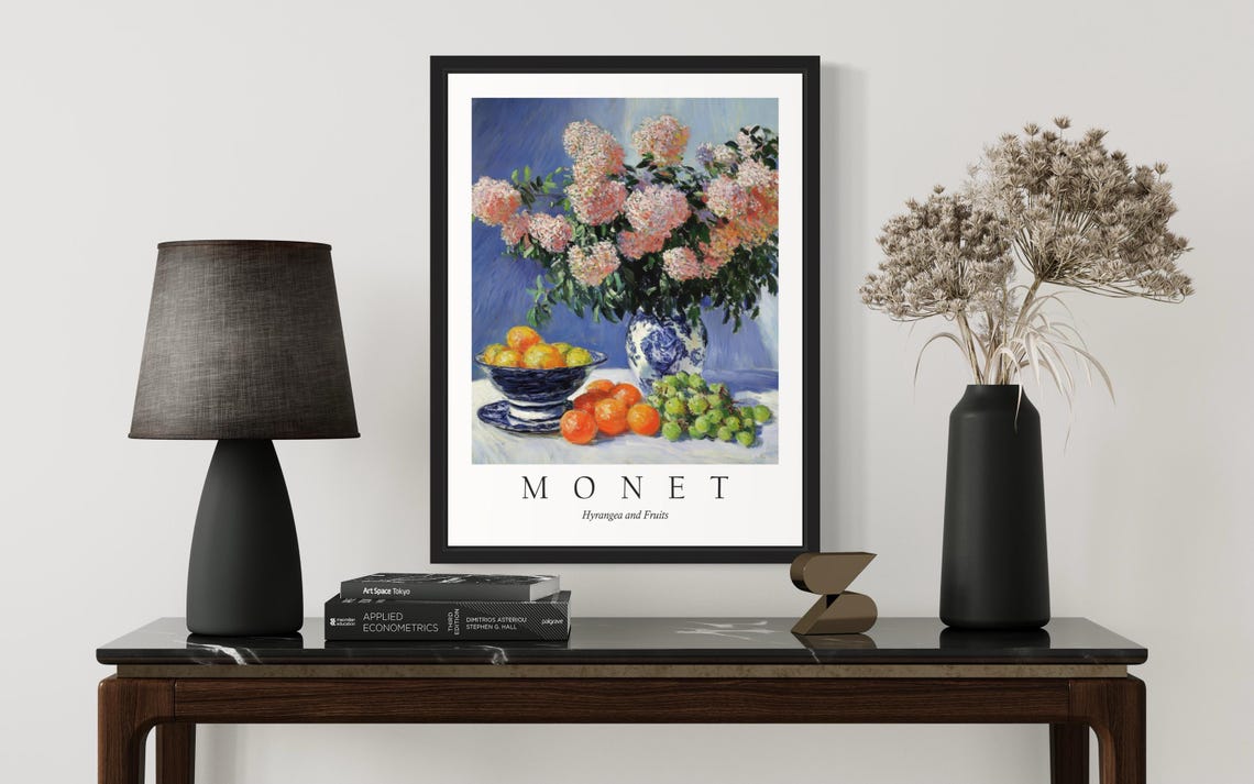 Pink Hydrangeas with Fruit Bowl Monet Style Still Life Poster - Image 3