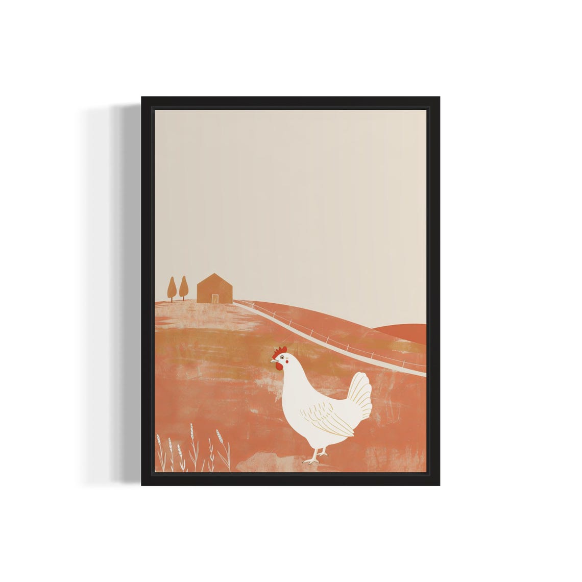 White Hen Terracotta Field Farmhouse Landscape Artwork Poster