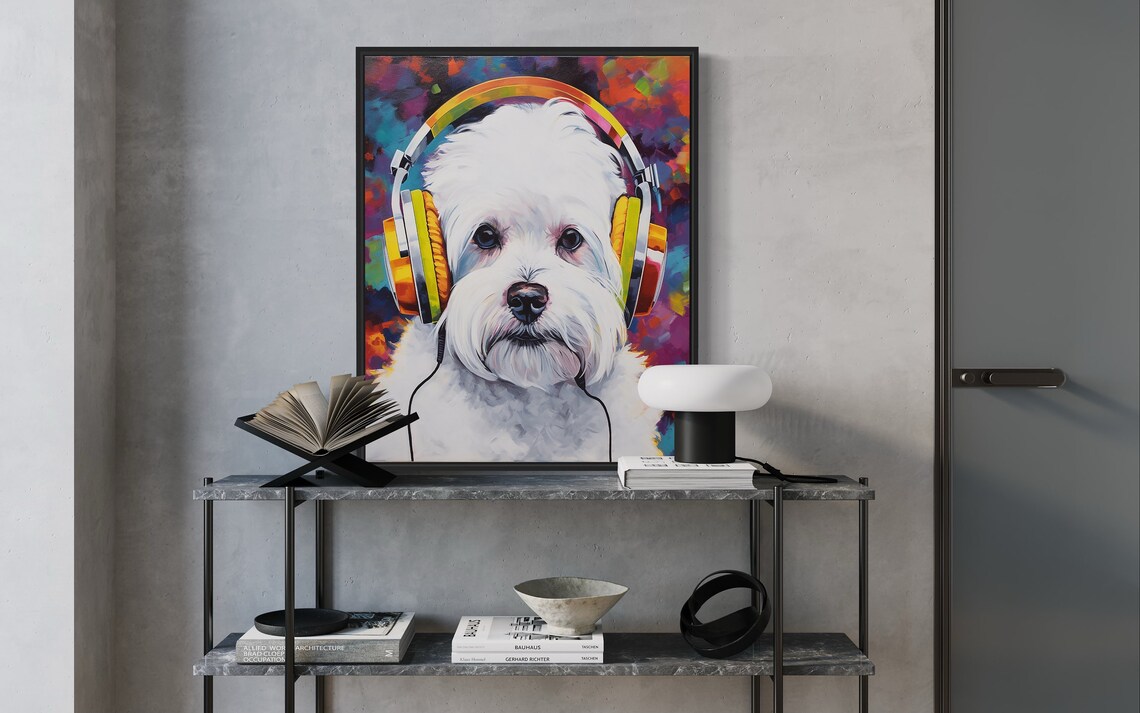 Maltese Dog Wearing Rainbow Headphones Splatter Pop Art Poster - Image 2