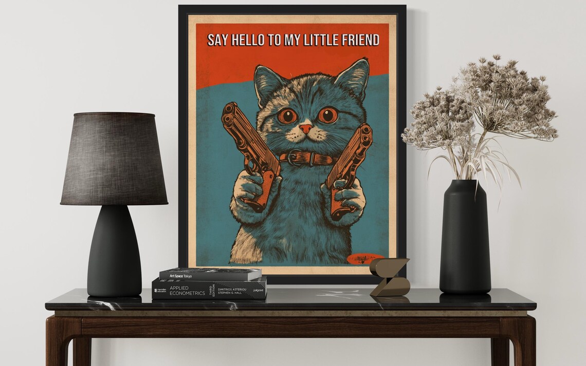 Kitten Holding Pistols Say Hello to My Little Friend Vintage Poster - Image 2