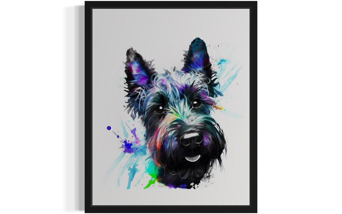 Scottish Terrier Black Dog Rainbow Watercolor Portrait Art Poster